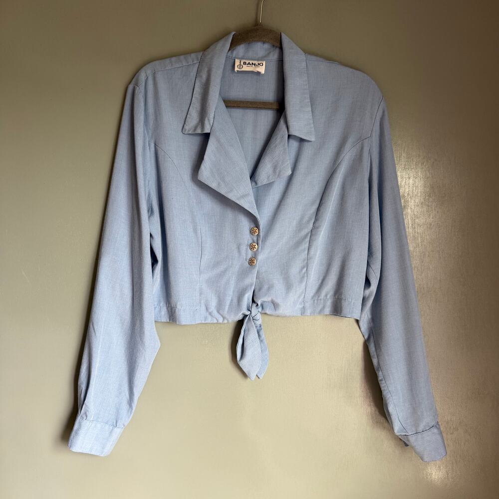 Vintage BANJO Women's XL Blue Lightweight Western Crop Top Front Tie Retro Boho